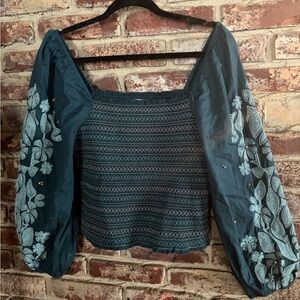 Anthropologie Smocked Square Neck Puff Sleeve Top Teal Embroidered Floral S